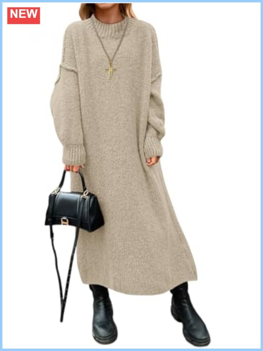 Oversized Chunky Knit Sweater Dress Mock Neck Long Sleeve Maxi